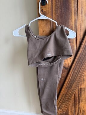 Alo Ribbed Sports Bra and Legging Set in Taupe